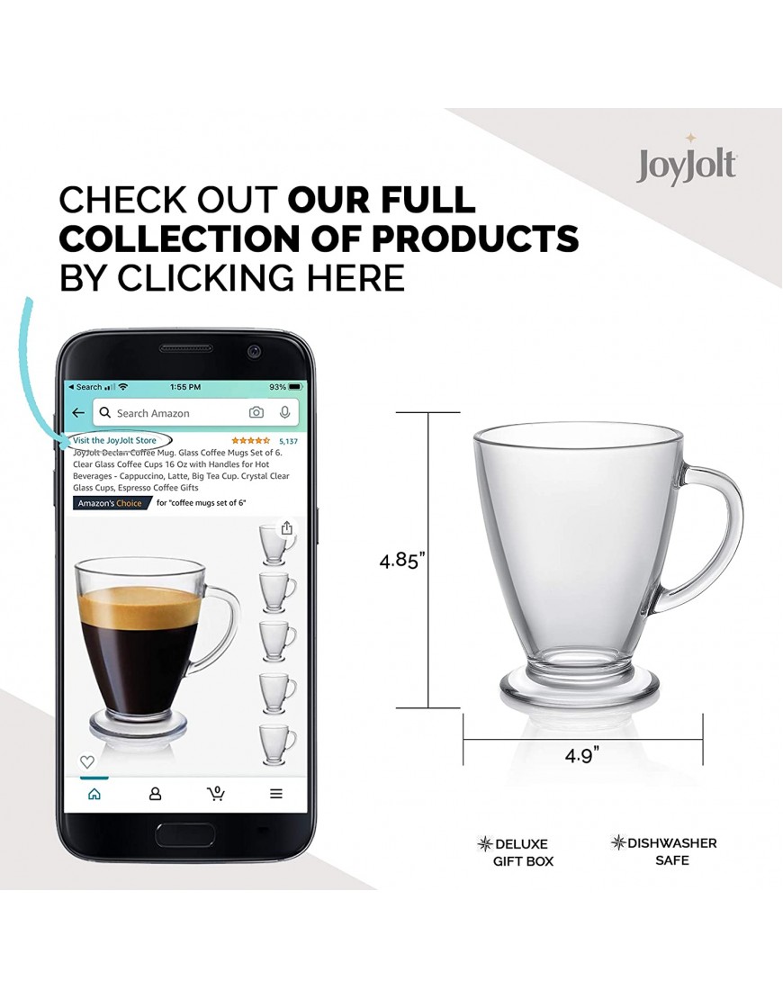 JoyJolt Declan Coffee Mug. Glass Coffee Mugs Set of 6. Clear Glass Coffee Cups 16 Oz with Handles for Hot Beverages Cappuccino Latte Big Tea Cup. Crystal Clear Glass Cups Espresso Coffee Gifts
