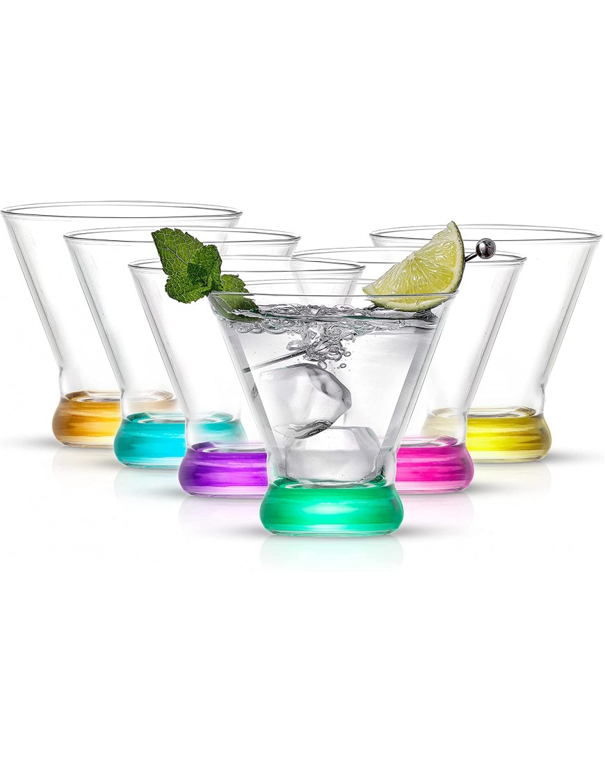JoyJolt HUE Martini Glasses 7oz Cocktail Glassware Set of 6 Colored Glass Base. Drinking Glasses Cocktail Glasses Stemless Margarita Glasses Bar Glasses Shrimp Cocktail Glasses Juice Glasses
