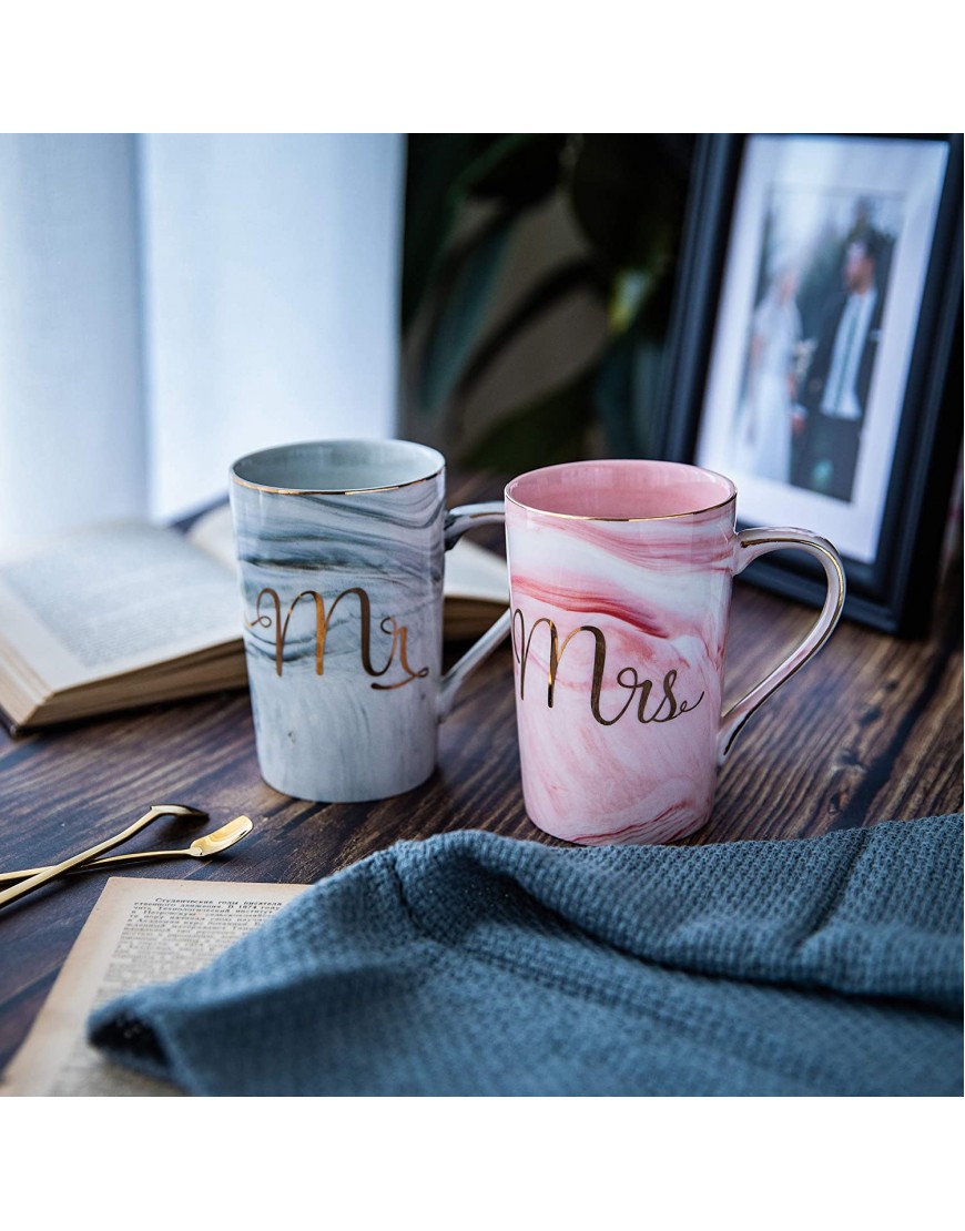 Jumway Mr and Mrs Coffee Mugs Wedding Gifts for Bride and Groom Gifts for Bridal Shower Engagement Wedding and Married Couples Anniversary Ceramic Marble Cups 14 Oz Pink