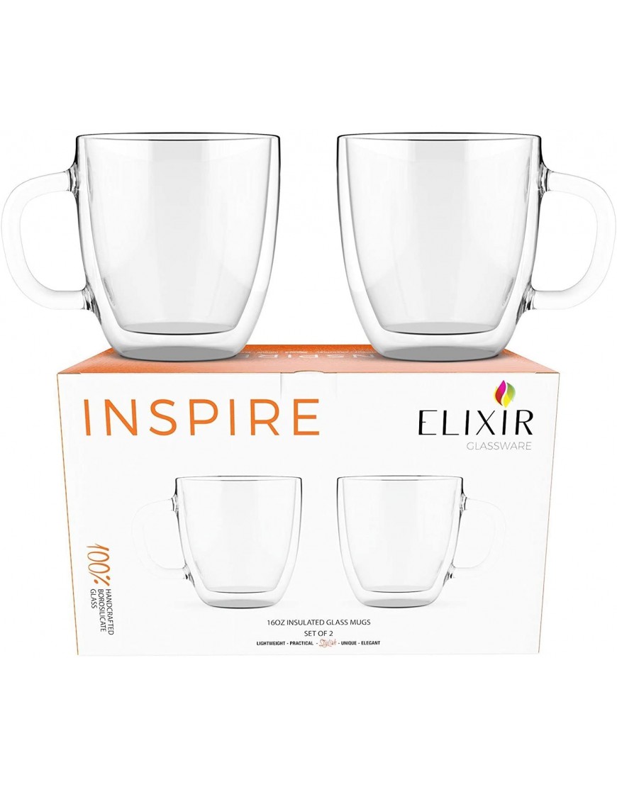 Large Coffee Mugs Double Wall Glass Set of 2 16 oz Dishwasher & Microwave Safe Clear Unique & Insulated with Handle By Elixir Glassware 16 oz