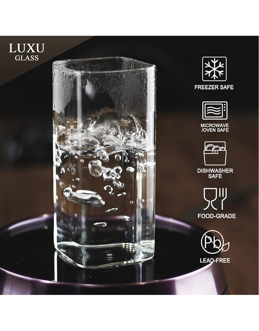 LUXU Drinking Glasses 8 oz Set of 2,Thin Square Glasses 13 oz Set of 2,Elegant Bar Glassware For Water,Juice,Beer Drinks,and Cocktails and Mixed Drinks,Lead-Free Square Glass,Glass Drink Tumblers