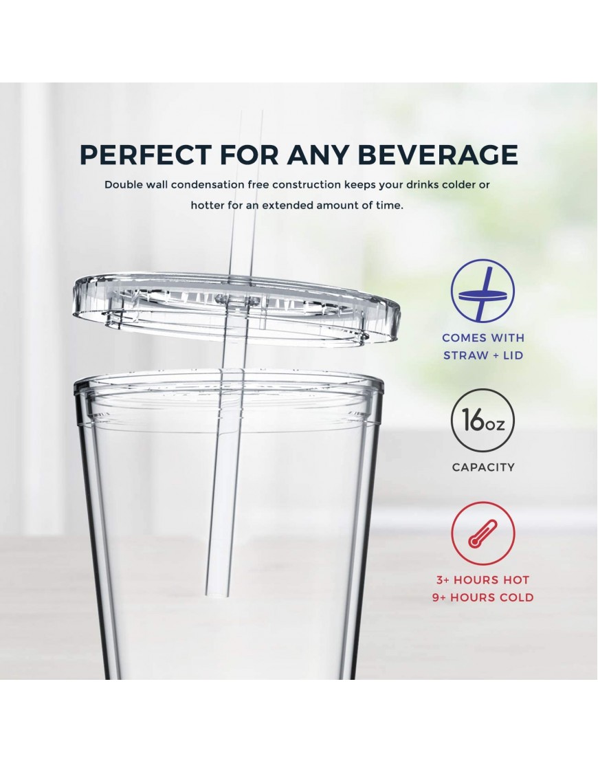 Maars Drinkware Bulk Double Wall Insulated Acrylic Tumblers with Straw and Lid Set of 12 16 oz Clear