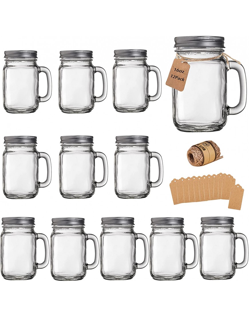 Mason Jar Cups Mason Jars With Handle And Lids Mason Jar Drinking Glasses Glass Mason Jar Mugs 16 oz –12 Pack