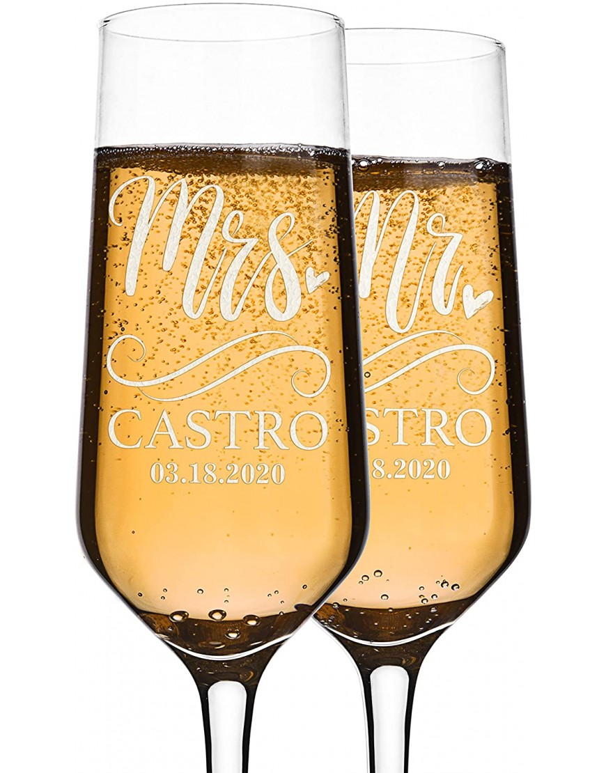 P Lab Set of 2 Bride and Groom Champagne Glasses w Last Name & Date Personalized Mr. Mrs. Engagement & Wedding Champagne Flutes Toasting Glasses Customized Etched Flutes Wedding Gift #N5