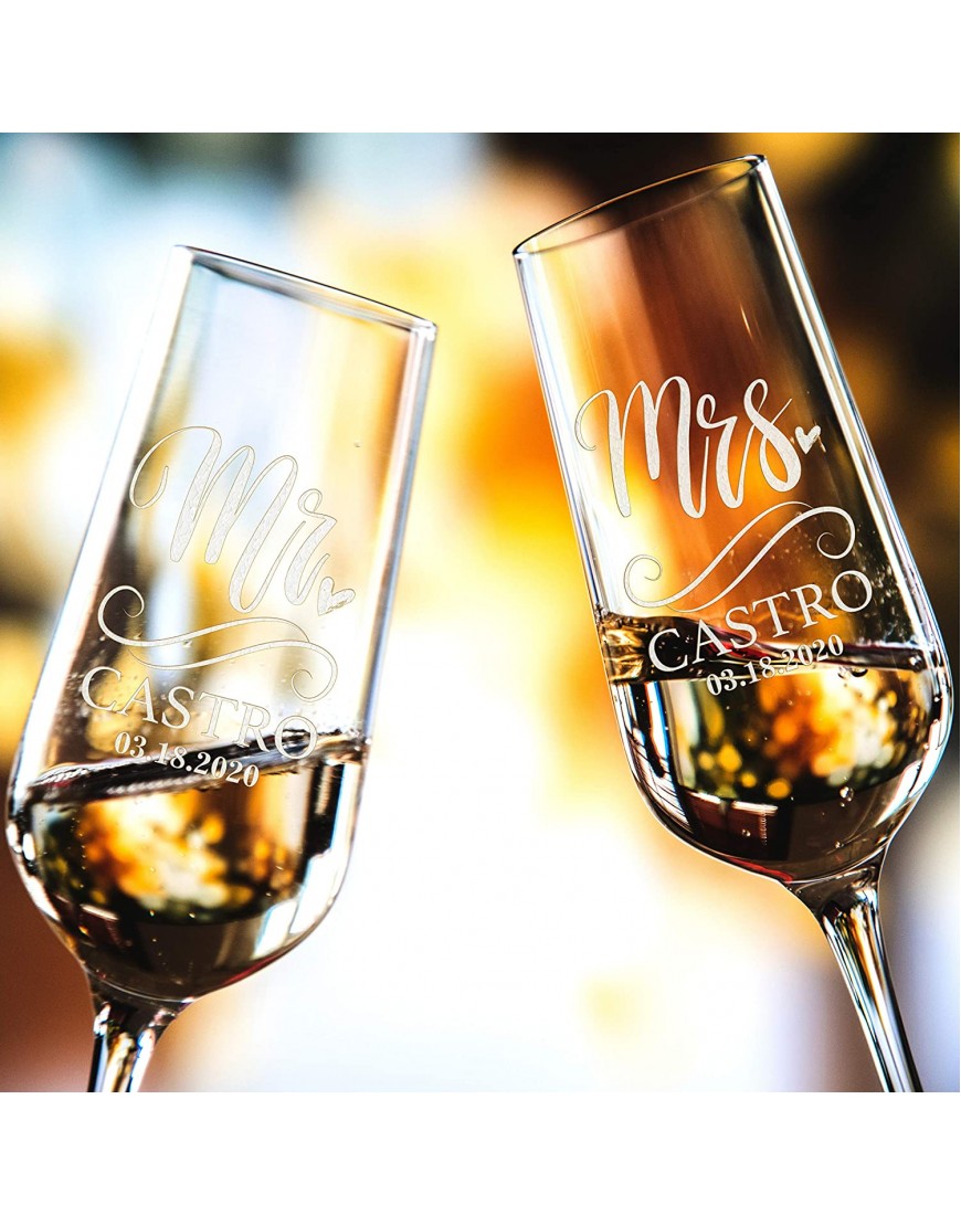 P Lab Set of 2 Bride and Groom Champagne Glasses w Last Name & Date Personalized Mr. Mrs. Engagement & Wedding Champagne Flutes Toasting Glasses Customized Etched Flutes Wedding Gift #N5