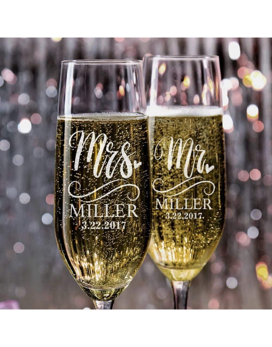 P Lab Set of 2 Bride and Groom Champagne Glasses w  Last Name & Date Personalized Mr. Mrs. Engagement & Wedding Champagne Flutes Toasting Glasses Customized Etched Flutes Wedding Gift #N5