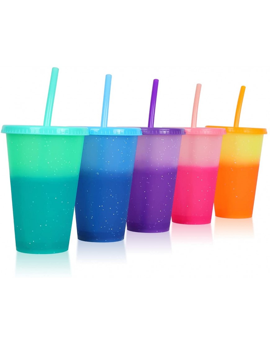 Plastic Tumblers with Lids & Straws 16oz 5 Pack Reusable Party Drinking Cup BPA free Cold Coffee Tumbler | Color Changing Cups for Kids & Adults