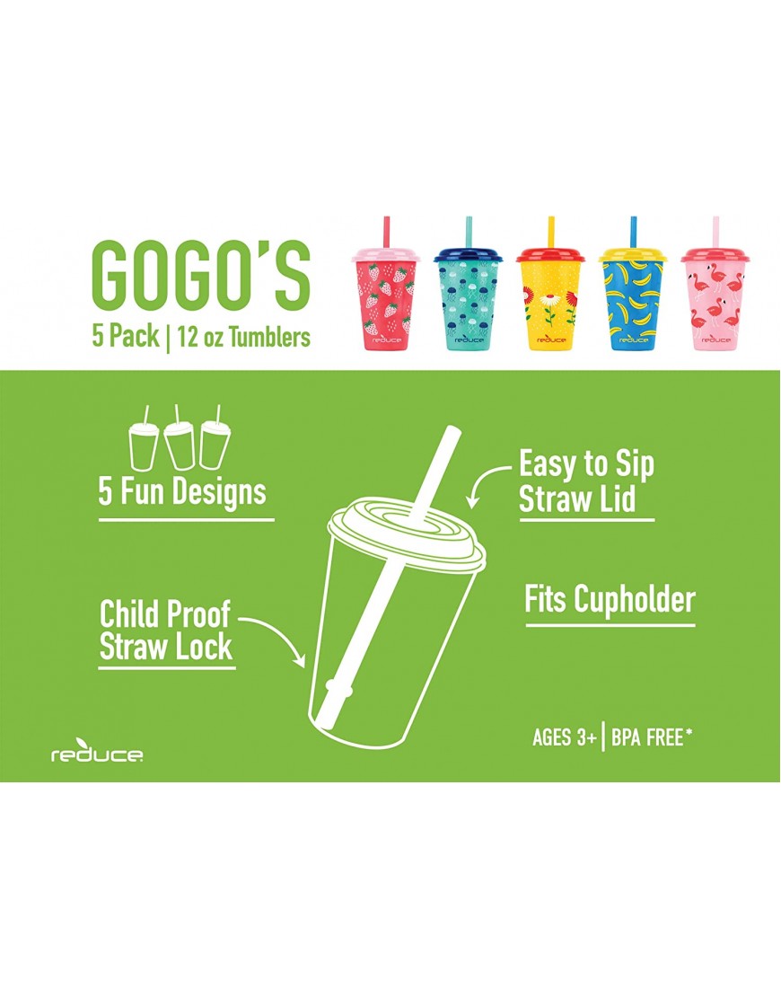 Reduce GoGo's – 12 oz Kids Tumbler Set 5 Pack – Plastic Kids Cups with Straws and Lids – Dishwasher Safe BPA Free – An Ideal Kid's Cup for Smoothies – Mix and Match 5 Fun Designs Sweet