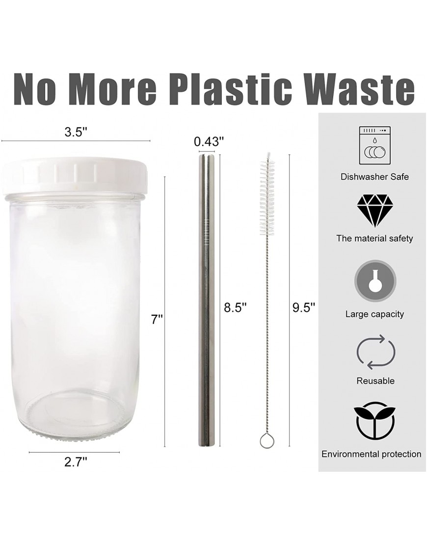 Reusable Bubble Tea Cup 4 Pack 24Oz Iced Coffee Cups Wide Mouth Smoothie Boba Cup with Lid Silver Straws Clean Brush Mason Jars Glass Cups Travel Drinking Bottle BPA Free