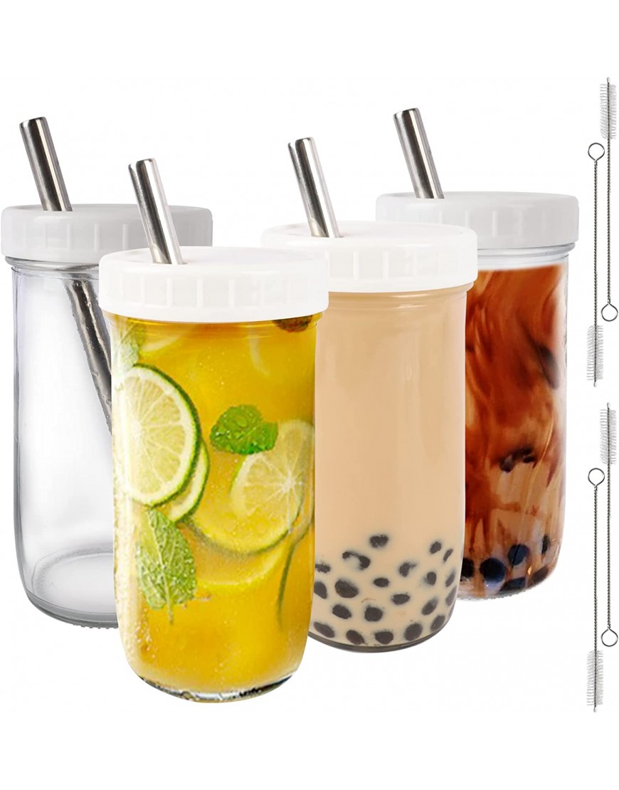 Reusable Bubble Tea Cup 4 Pack 24Oz Iced Coffee Cups Wide Mouth Smoothie Boba Cup with Lid Silver Straws Clean Brush Mason Jars Glass Cups Travel Drinking Bottle BPA Free