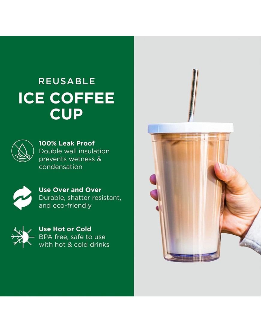Reusable Iced Coffee Cup 16 Oz Grande Leak Proof and Double Wall Insulated Iced Coffee Tumbler Come with Reusable Plastic and Metal Straws and Straw Cleaner