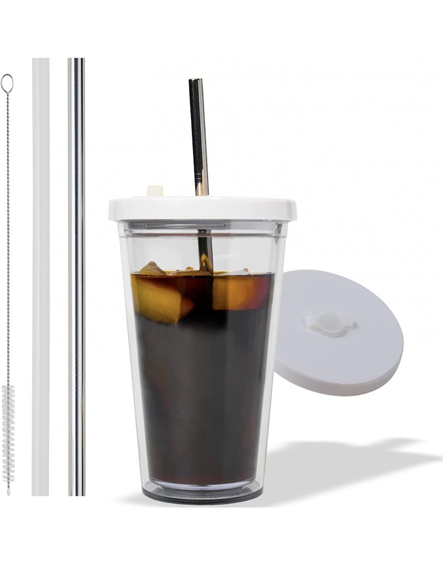 Reusable Iced Coffee Cup 16 Oz Grande Leak Proof and Double Wall Insulated Iced Coffee Tumbler Come with Reusable Plastic and Metal Straws and Straw Cleaner