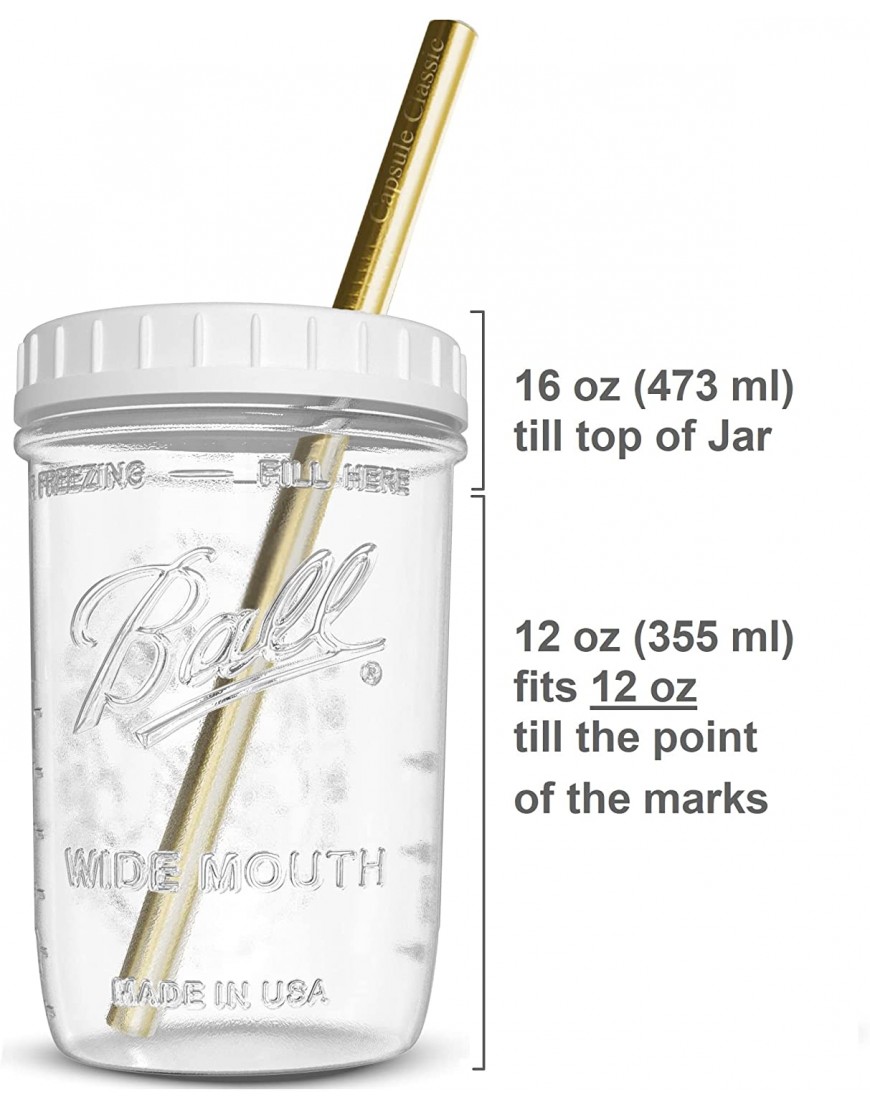 Reusable Wide Mouth Smoothie Cups Boba Tea Cups Bubble Tea Cups with Lids and Gold Straws Ball Mason Jars Glass Cups 2-pack 16 oz mason jars Brand Capsule Classic