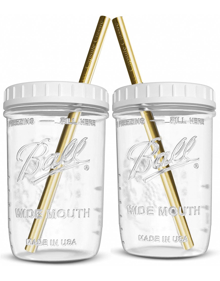 Reusable Wide Mouth Smoothie Cups Boba Tea Cups Bubble Tea Cups with Lids and Gold Straws Ball Mason Jars Glass Cups 2-pack 16 oz mason jars Brand Capsule Classic