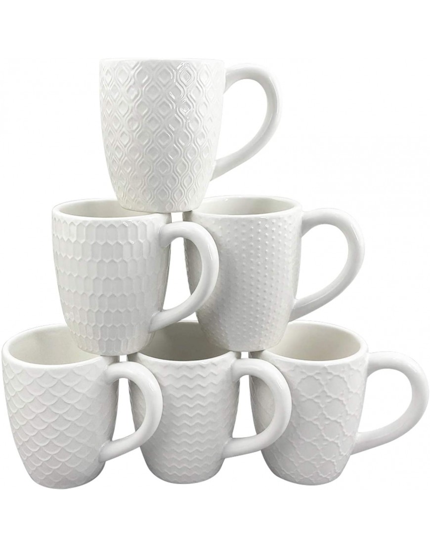 Schliersee White Ceramic Coffee Mugs set of 6 Stylish Embossed Coffee Cups Set with Different Patterns for Coffee Tea Milk Cocoa Cereal 13.5 Ounce