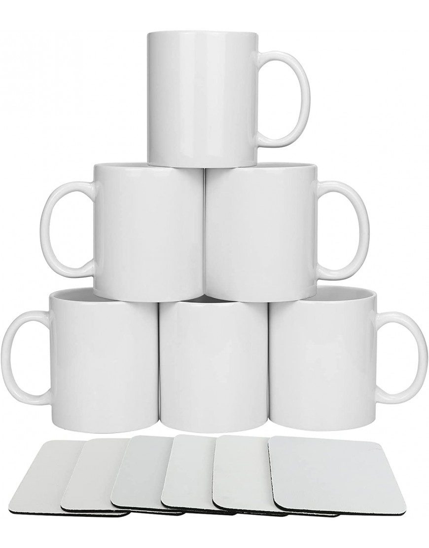Set of 6 White Sublimation Blank Coffee Mugs+6PCS Sublimation Cup Coaster 11oz Tea Chocolate Ceramic Cups- DIY Porcelain Classic Mug