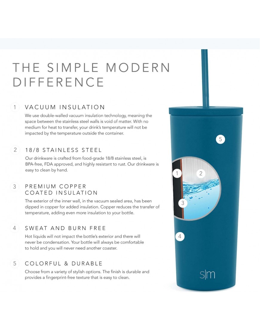 Simple Modern Insulated Tumbler Cup with Flip Lid and Straw Lid | Reusable Stainless Steel Water Bottle Iced Coffee Travel Mug | Classic Collection | 24oz 710ml -Mykonos Blue