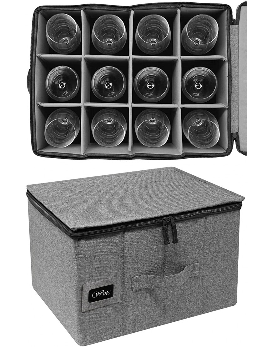 Sorbus Stemware Wine Glass Storage Hard Shell Box Deluxe Padded Quilted Case with Dividers Service for 12 Great for Protecting or Transporting Wine Glasses Champagne Flutes Goblets Gray