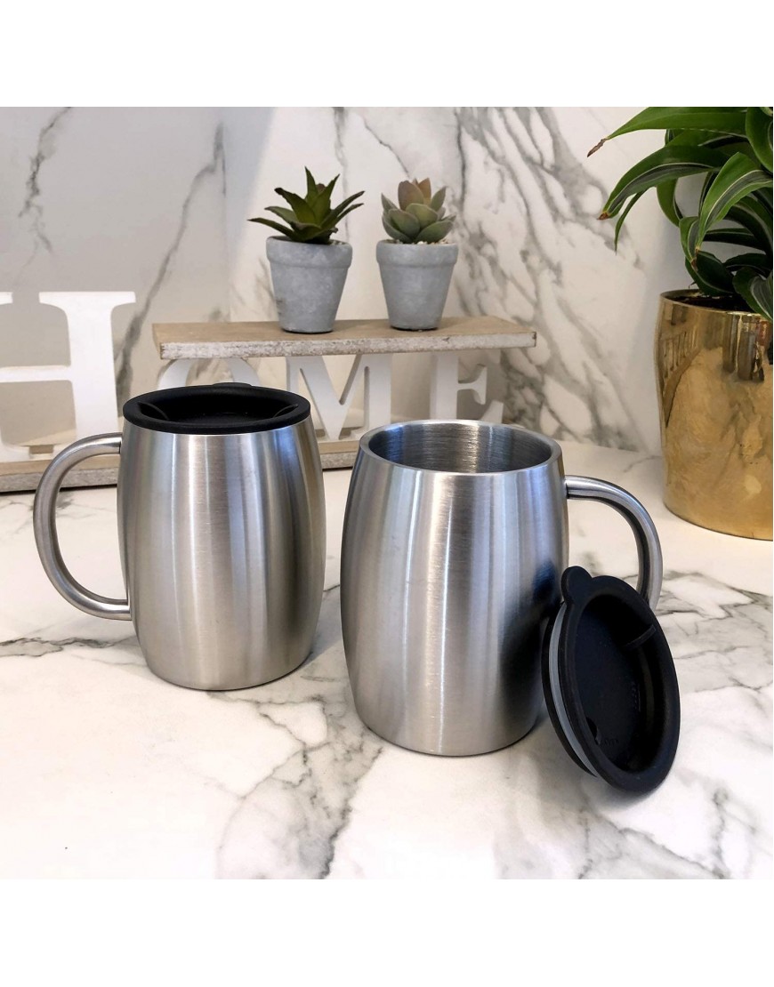 Stainless Steel Insulated Coffee Mugs Set of 2 14oz – Double Wall Coffee Cups With Spill Resistant Lid & Strong Handle – Shatterproof Cups for Cold Drinks & Hot Beverages for Indoor & Outdoor Use