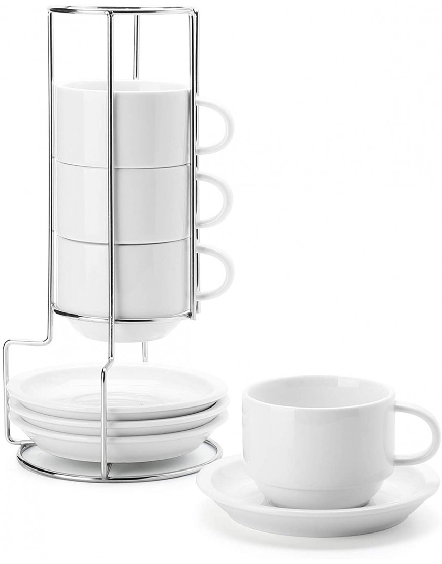 Sweese 406.401 Porcelain Stackable Cappuccino Cups with Saucers and Metal Stand 8 Ounce for Specialty Coffee Drinks Cappuccino Latte Americano and Tea Set of 4 White