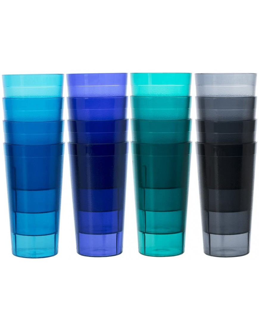 US Acrylic Café 20-ounce Plastic Restaurant Style Lightweight Stackable Beverage Tumblers | Reusable BPA-free Made in the USA Top-rack Dishwasher Safe | Water Cups set of 16 in 4 Coastal Colors