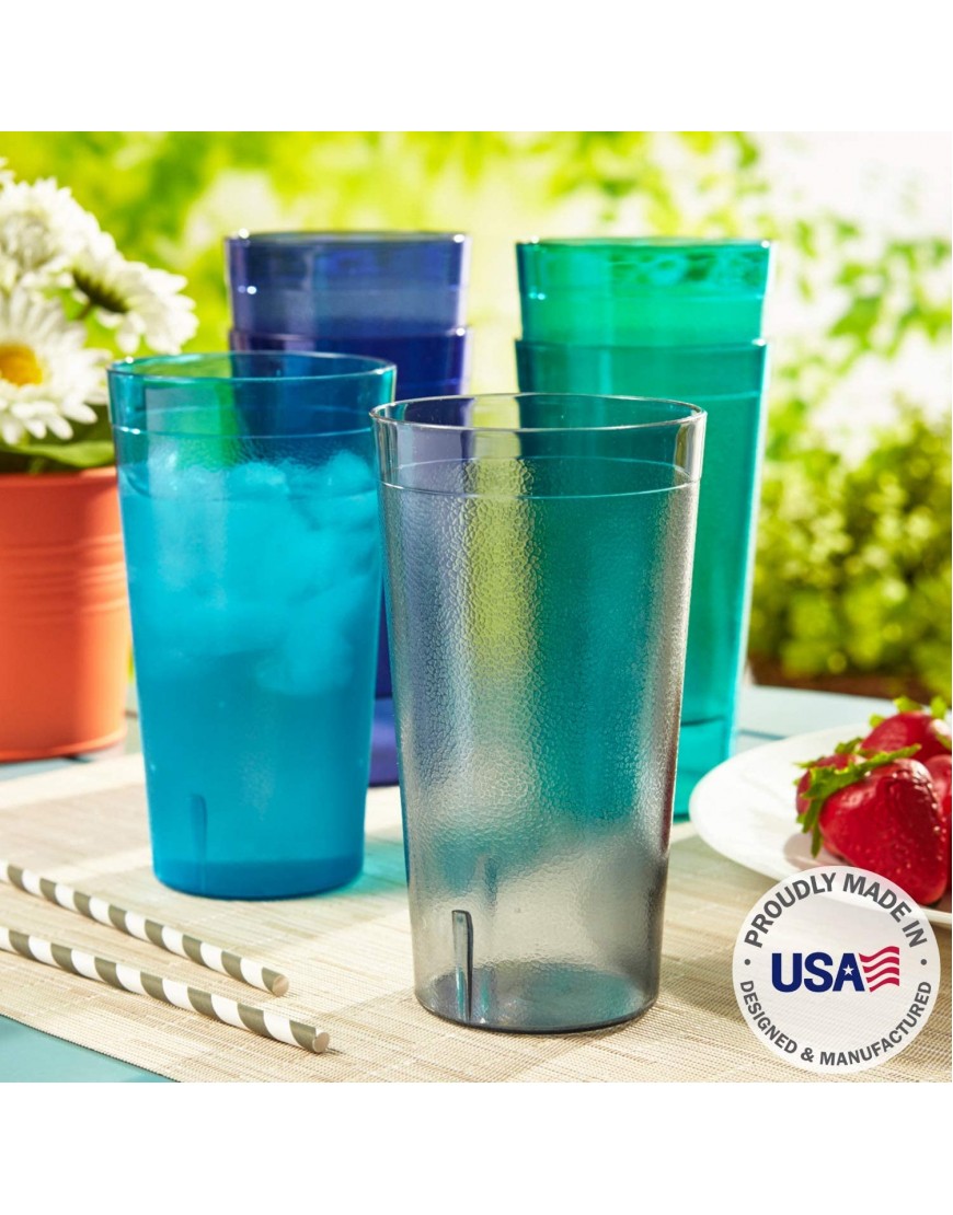 US Acrylic Café 20-ounce Plastic Restaurant Style Lightweight Stackable Beverage Tumblers | Reusable BPA-free Made in the USA Top-rack Dishwasher Safe | Water Cups set of 16 in 4 Coastal Colors