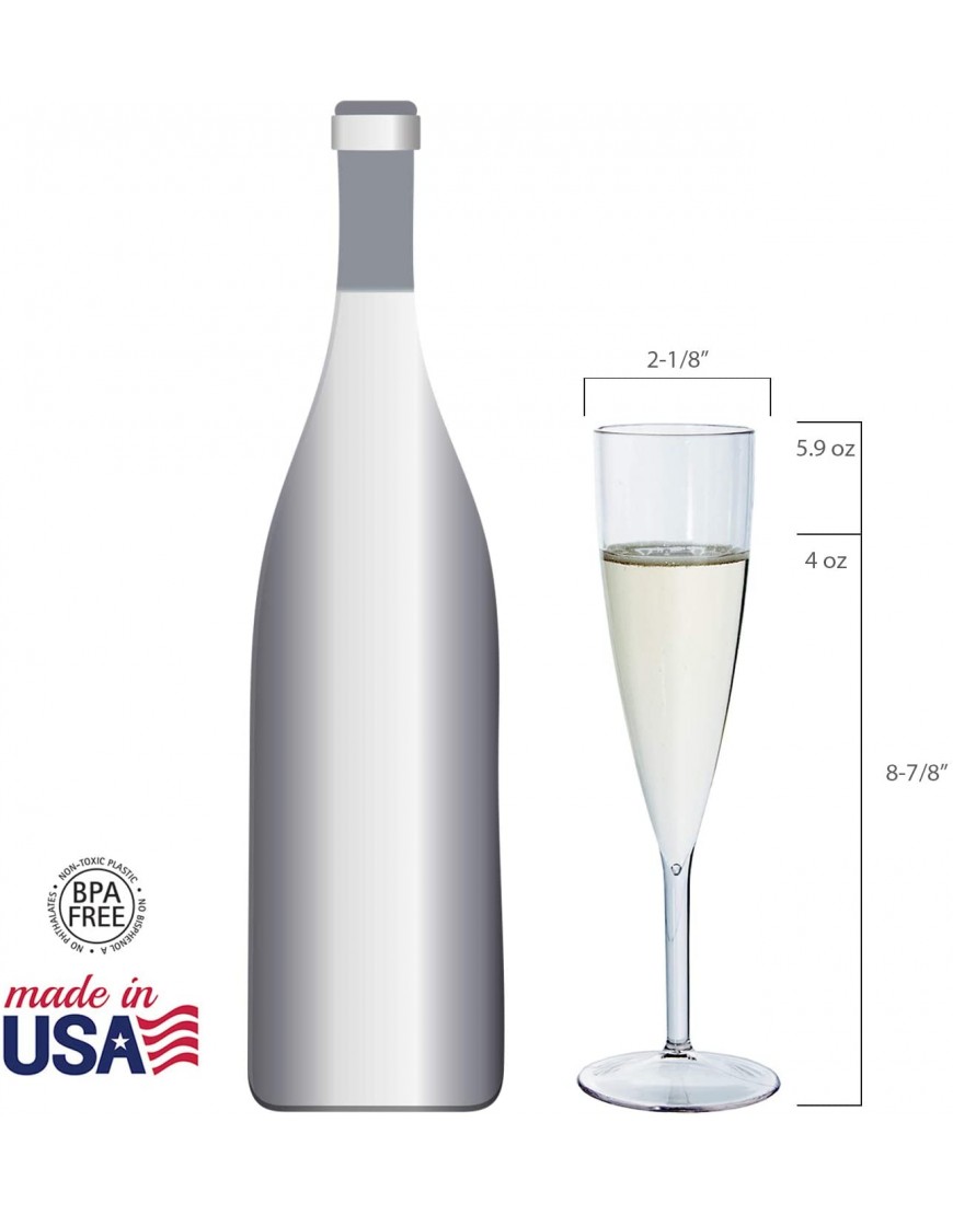 US Acrylic Plastic 5 ounce One Piece Champagne Flute in Clear | Set of 12 Wine Stems | Reusable BPA-free Made in the USA Top-rack Dishwasher Safe