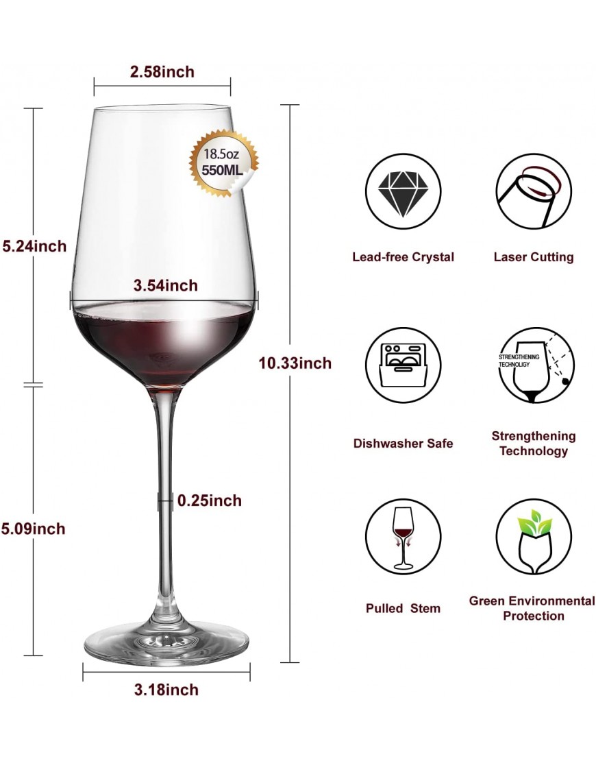 Wine Glasses Set of 6 Crystal Glass with Stem for Drinking Red White Cabernet Wine as Gifts Sets Clear Lead-Free Premium Blown Glassware 18oz,6 pack