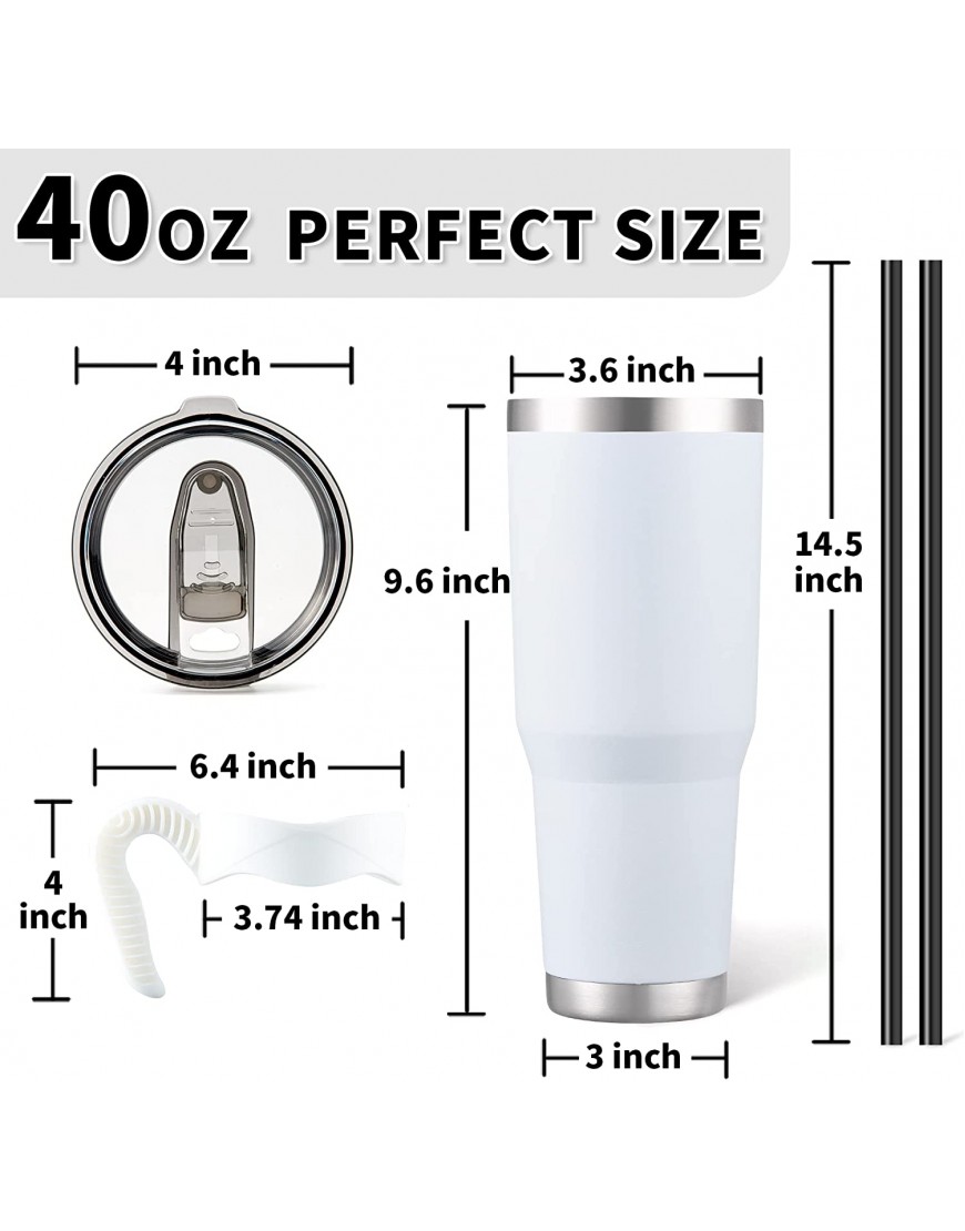Zibtes 40oz Insulated Tumbler With Lids and Straws Stainless Steel Double Vacuum Coffee Tumbler With Handle Powder Coated Travel Mug for Home Office Travel Party White 1 pack）
