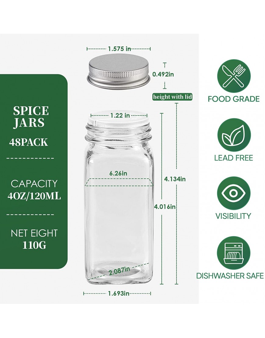 48 Glass Spice Jars with 400 Spice Labels CASATO 4Oz Empty Square Spice Bottles Storage Containers Shaker Pour Lids Airtight Metal Caps and Funnel Included 4oz-48Pack