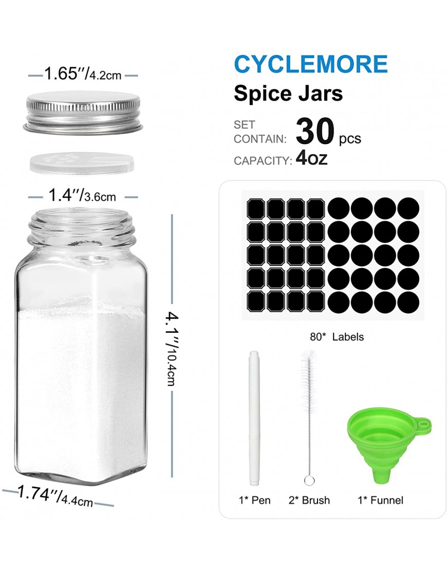 CycleMore 30 Pack 4oz Glass Spice Jars Bottles Square Spice Containers with Silver Metal Caps and Pour Sift Shaker Lid-80pcs Black Labels,1pcs Silicone Collapsible Funnel and 2pcs Brush Included