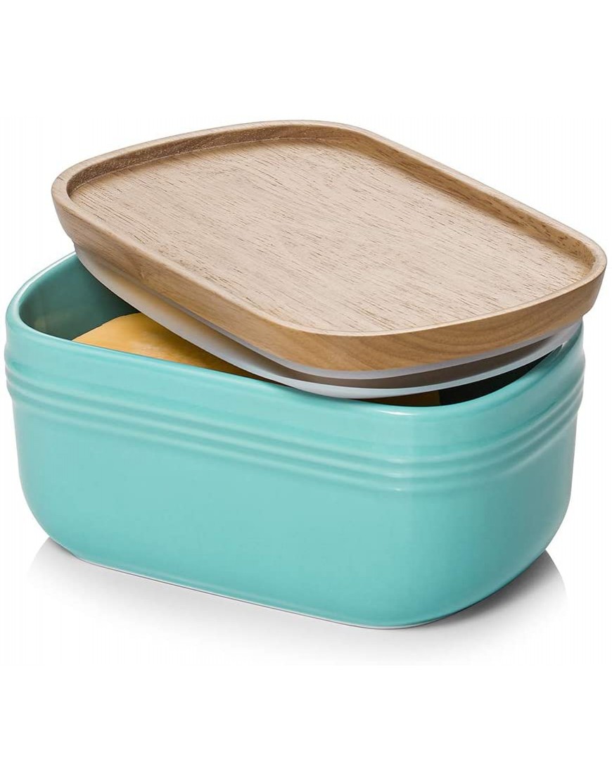 DOWAN Porcelain Butter Dish Extra Large Butter Dish with Cover Airtight Butter Dish with Wooden Lid Farmhouse Butter Container for East West Coast Butter Freezer Safe Turquoise