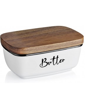 Farmhouse Butter Dish ALELION Large Ceramic Butter Dish with Lid for Countertop Vintage Butter Keeper with Wooden Lid for Home Kitchen Decor Butter Container Holds Two Sticks of Butter White