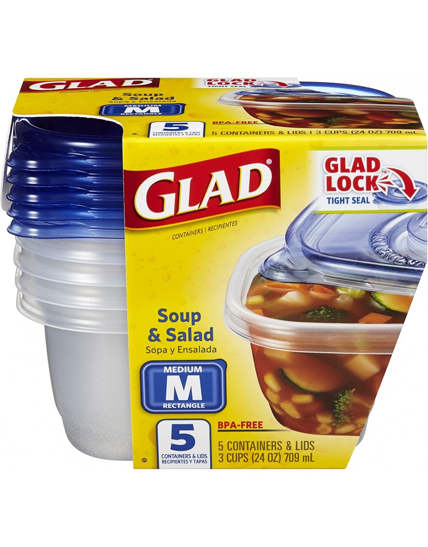 GladWare Soup & Salad Food Storage Containers for Everyday Use | Medium Rectangle Containers for Food Storage | Containers Hold up to 24 Ounces of Food 5 Count Set