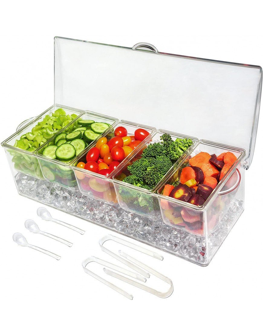 Ice Chilled 5 Compartment Condiment Server Caddy Serving Tray Container with 5 Removable Dishes with Over 2 Cup Capacity Each and Hinged Lid | 3 Serving Spoons + 3 Tongs Included