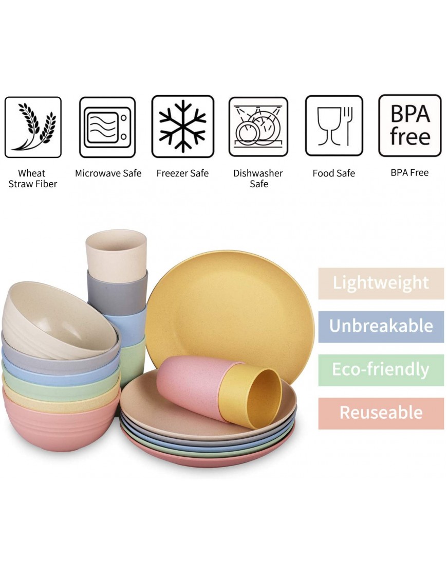 Insetfy Wheat Straw Dinnerware Sets Plates Bowls Cups Sets of 6 Unbreakable Lightweight Plastic Camping Dinnerware for Kids Microwave Dishwasher Safe 18 pcs