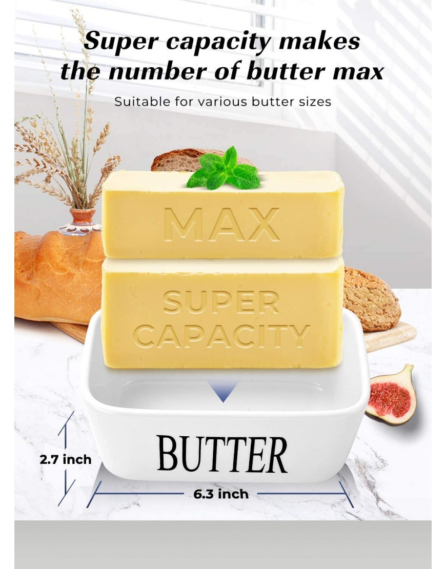 Large Butter Dish,Ceramic Butter Dish with lid and knife Butter Keeper Double Silicone Seals Easy Clean Butter Dishes with Covers Perfect for 2 Sticks of Butter West or East Coast Butter White