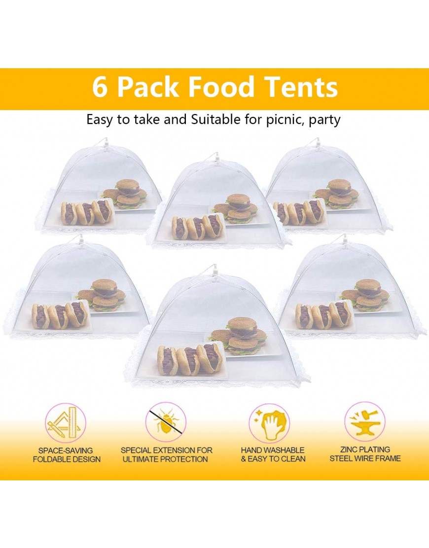 Lauon Food Cover Mesh Food Tent 17x17 6 Pack White Nylon Covers Pop-Up Umbrella Screen Tents Patio Bug Net for Outdoor Camping Picnics Parties BBQ Collapsible and Reusable