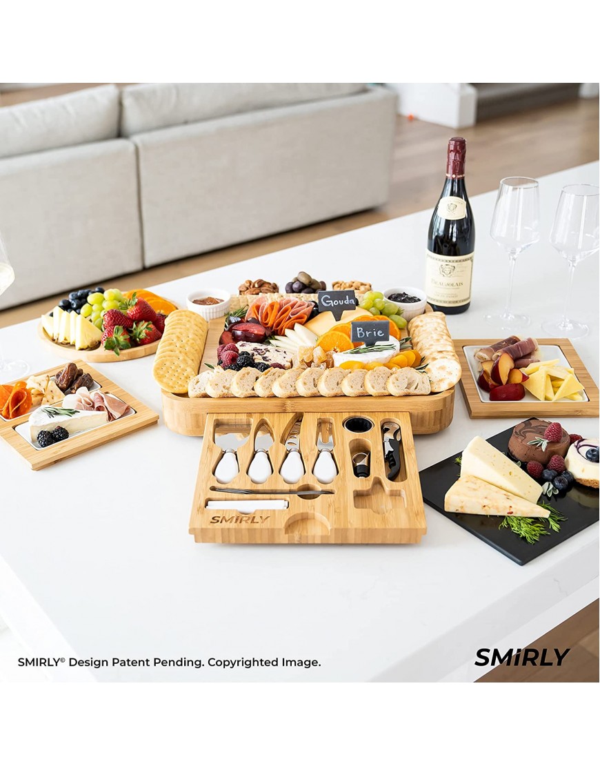 SMIRLY Bamboo Cheese Board and Knife Set: Large Charcuterie Board Set Wooden Cheese Boards Charcuterie Boards Gift Set Unique House Warming Gifts New Home Gift Idea Cheese Platter Cheese Tray