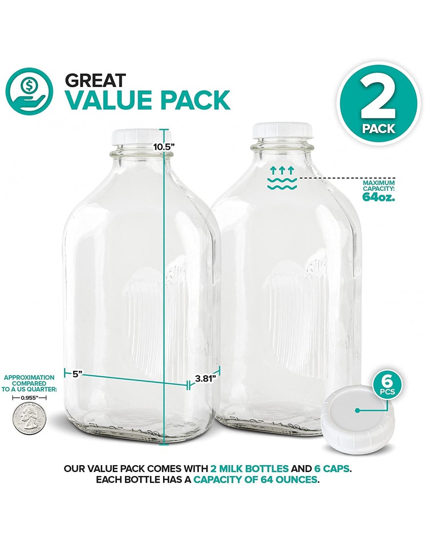 Stock Your Home 64-Oz Glass Milk Jugs with Caps 2 Pack 64 Ounce Food Grade Glass Bottles Dishwasher Safe Bottles for Milk Buttermilk Honey Tomato Sauce Jam Barbecue Sauce