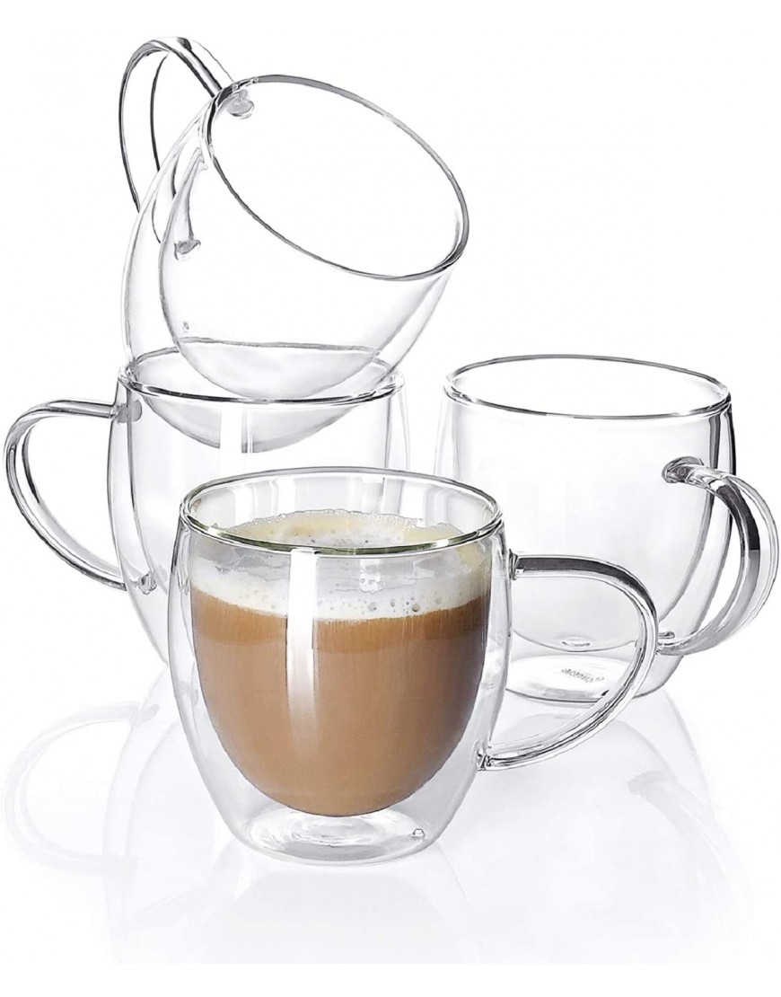 Sweese 415.101 Glass coffee mugs 4PCS Double Wall Insulated Glass Coffee Tea Cup Set with Handle Perfect for Espresso Latte Cappuccino 8 oz