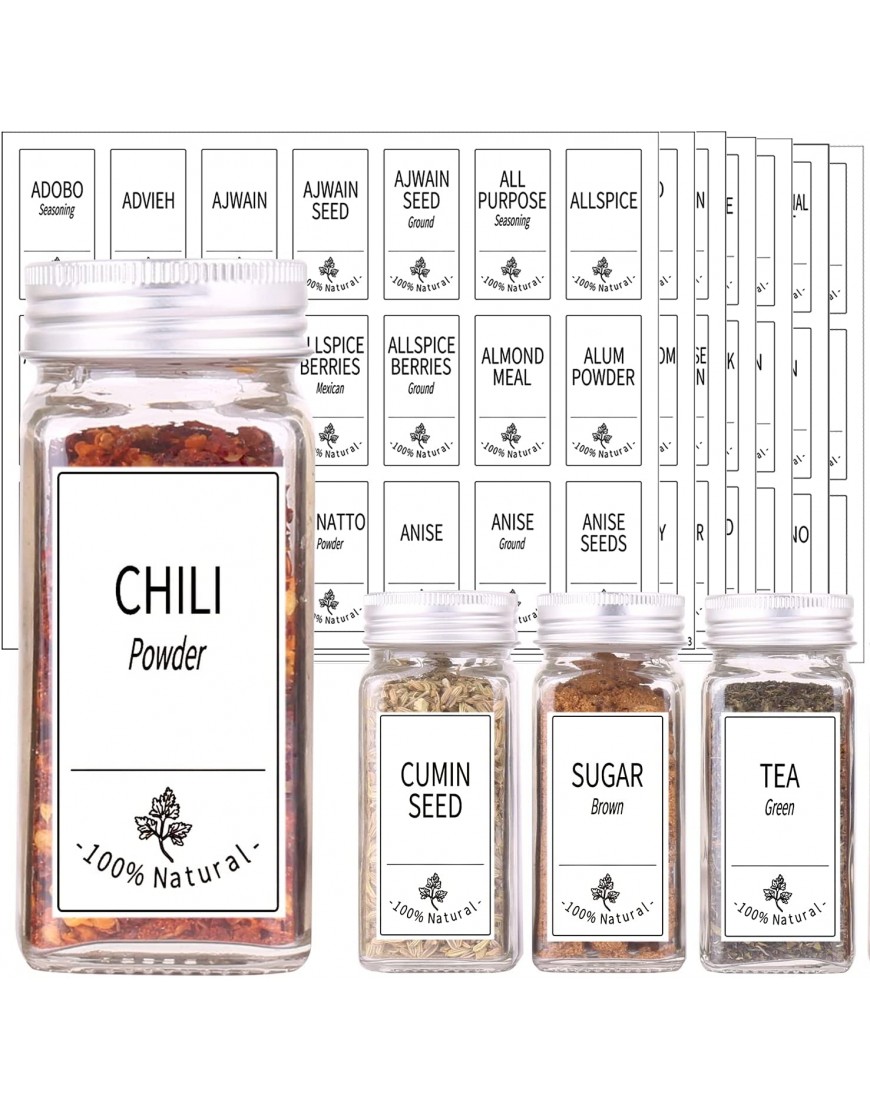 SWOMMOLY 48 Glass Spice Jars with 806 White Spice Labels Chalk Marker and Funnel Complete Set. Square Spice Bottles 4 oz Empty Spice Containers Airtight Cap Pour sift Shaker Lid Square and Round Labels