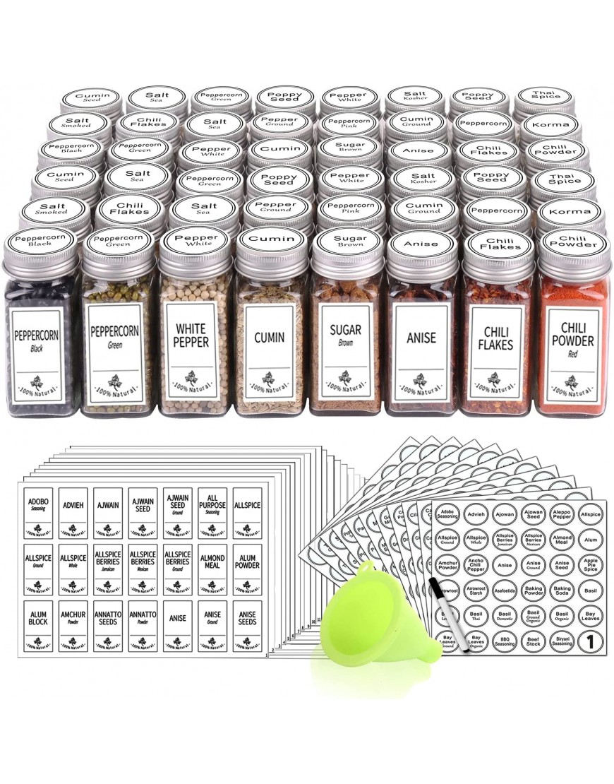 SWOMMOLY 48 Glass Spice Jars with 806 White Spice Labels Chalk Marker and Funnel Complete Set. Square Spice Bottles 4 oz Empty Spice Containers Airtight Cap Pour sift Shaker Lid Square and Round Labels