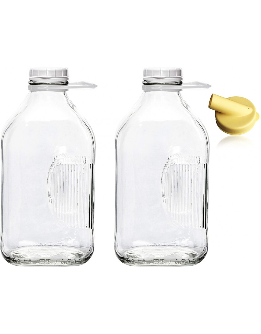 The Dairy Shoppe Heavy Glass Milk Bottles 2 Quart 64 Oz Jugs with Extra Lids & FREE Pour Spout! 2 64 oz