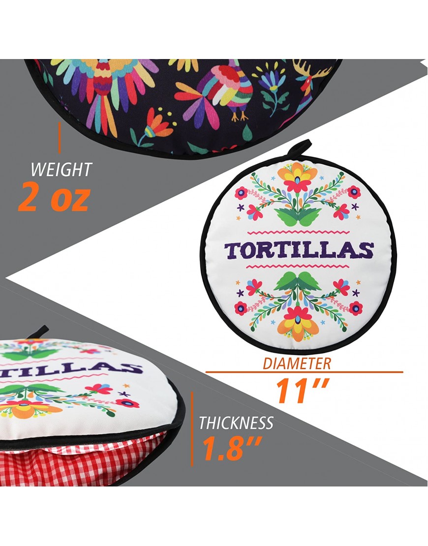TWO SIDED!Tortilla Warmer Size 11” Insulated and Microwaveable Fabric Pouch Keeps Them Warm for up to One Hour! Perfect Holder for Corn & Flour For All Occasions!