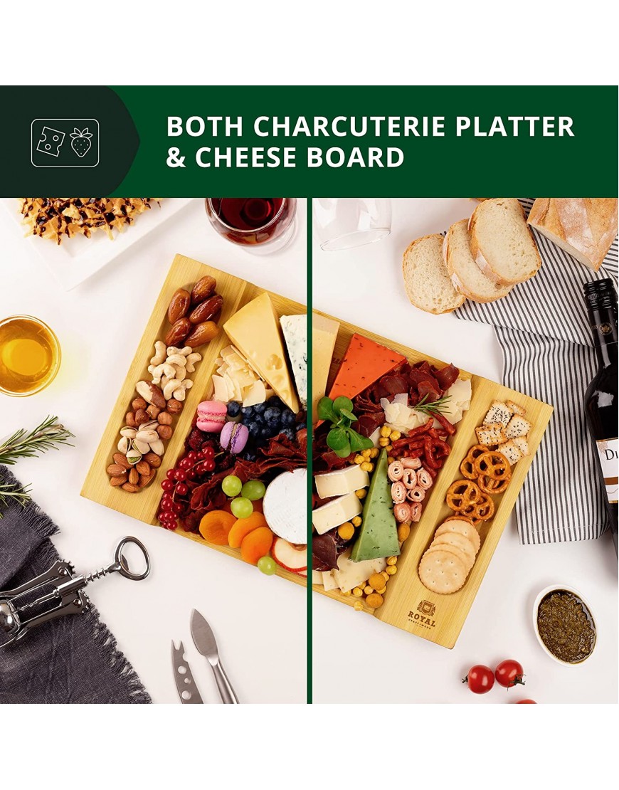 Unique Bamboo Cheese Board Charcuterie Platter and Serving Tray for Wine Crackers Brie and Meat. Large and Thick Natural Wooden Server Fancy House Warming Gift