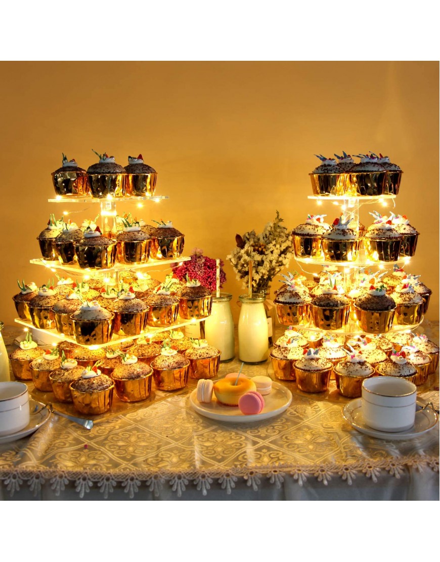 Vdomus Pastry Stand 4 Tier Acrylic Cupcake Display Stand with LED String Lights Dessert Tree Tower Pyramid for Birthday Wedding Party Warm