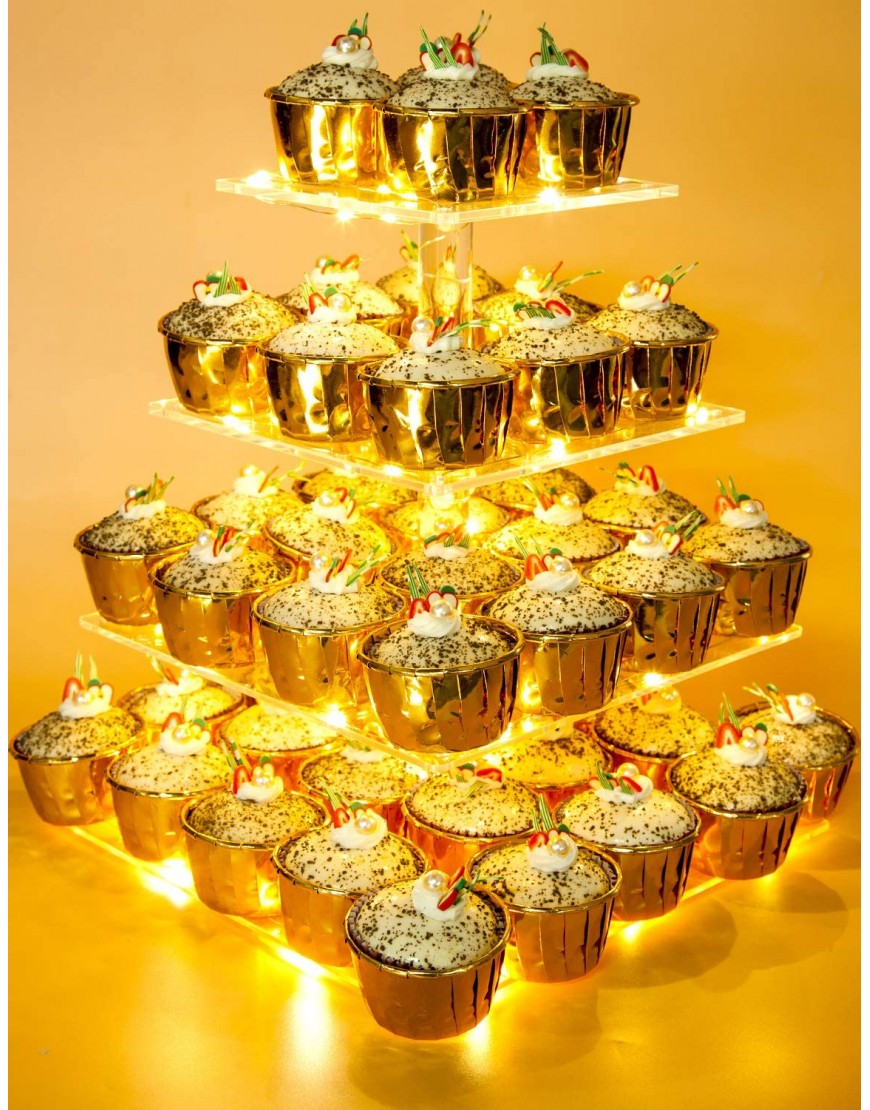 Vdomus Pastry Stand 4 Tier Acrylic Cupcake Display Stand with LED String Lights Dessert Tree Tower Pyramid for Birthday Wedding Party Warm