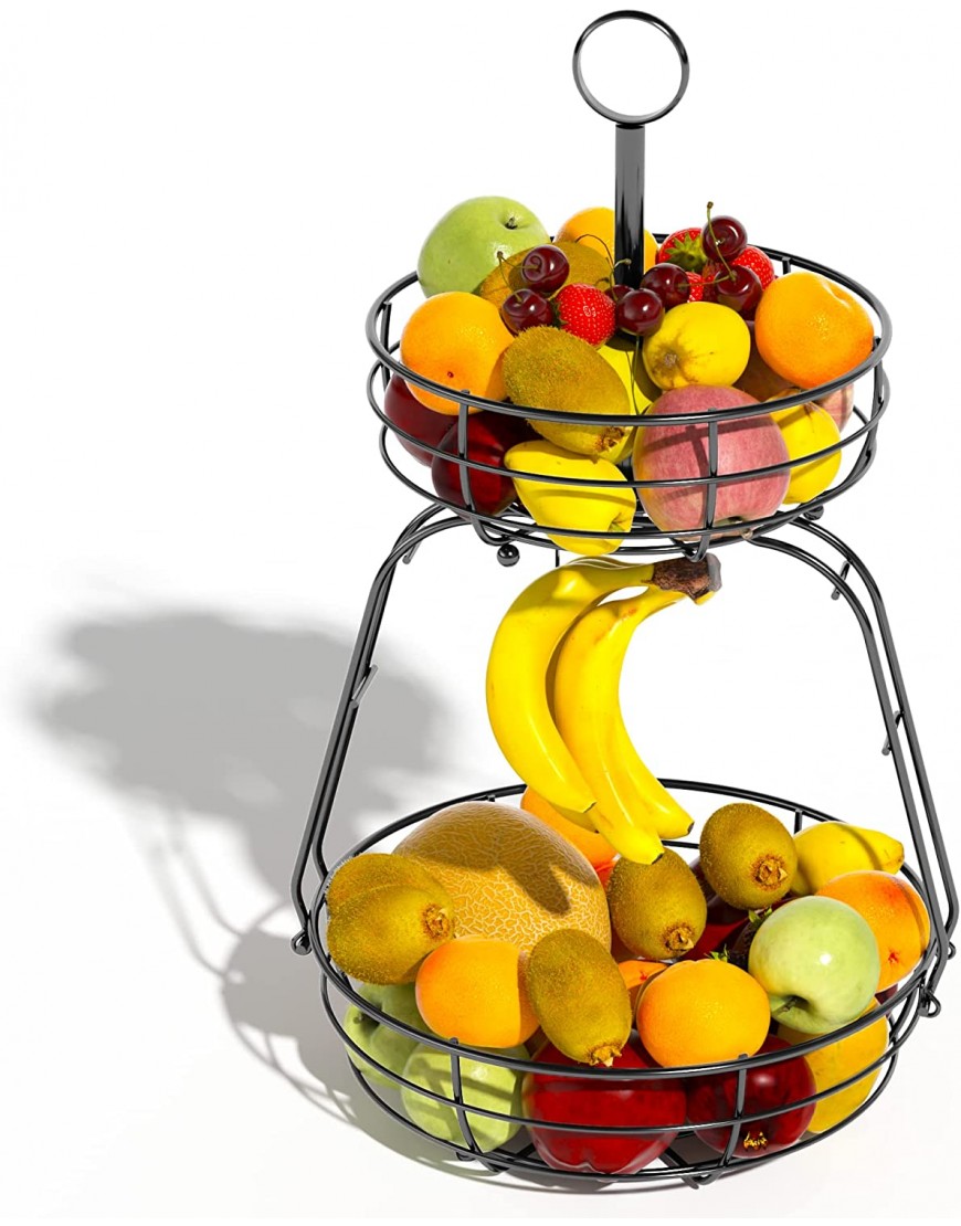 VISENTOR Detachable 2 Tier Fruit Basket Bowl with Banana Hanger Countertop Fruit Stand with Handle Wired Metal Kitchen Counter Dining Table Snack Vegetable Storage Holder Diameter 11.4"