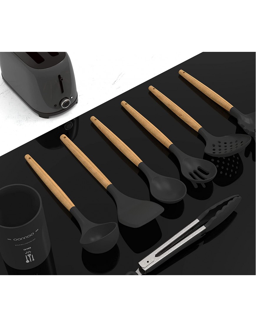 14 Pcs Silicone Cooking Utensils Kitchen Utensil Set 446°F Heat Resistant,Turner Tongs,Spatula,Spoon,Brush,Whisk. Wooden Handles Gray Kitchen Gadgets Tools Set for Nonstick Cookware BPA Free
